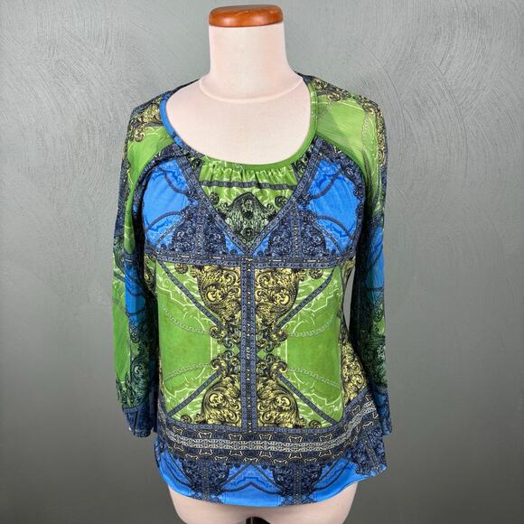 Chico's Womens Size 1 Medium Colorful Festive Jewels Bell Sleeve Aztec Tunic Top - Picture 8 of 9